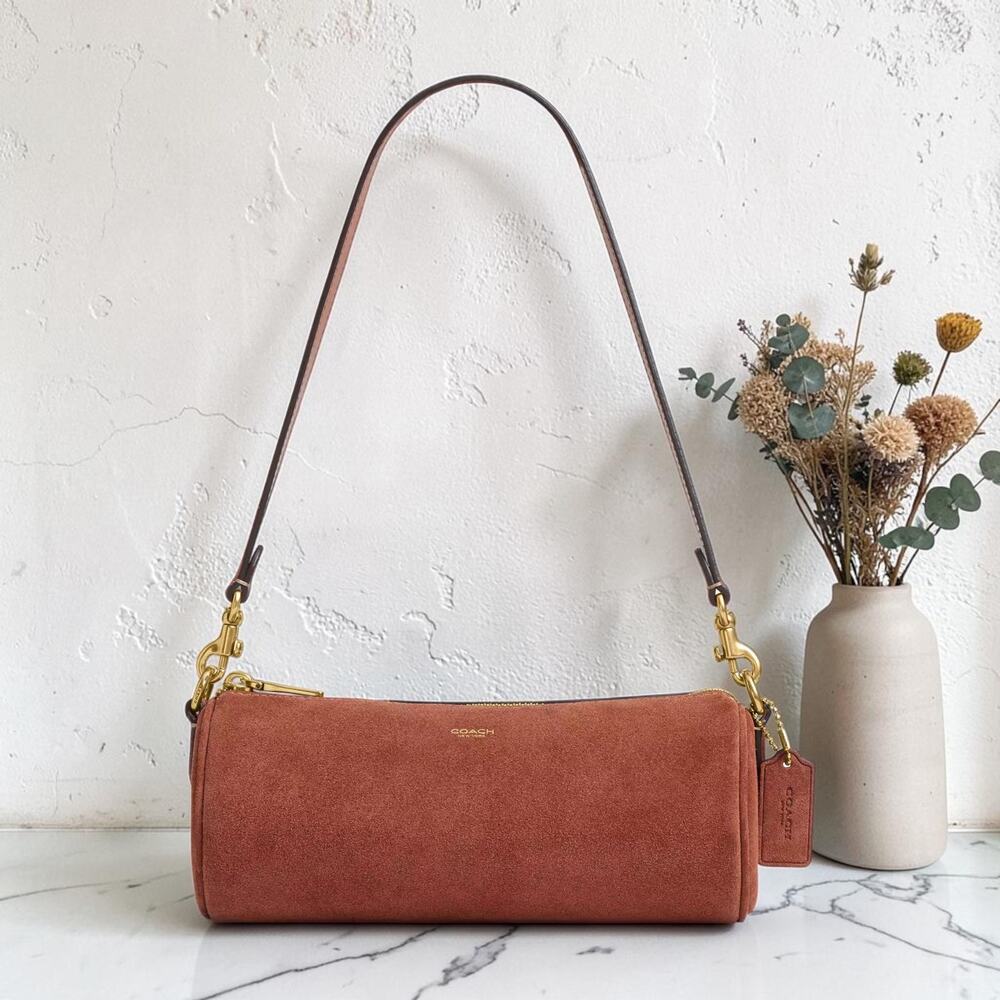 NWT Coach Cylinder Barrel Bag Suede Clay Brown Brass Crossbody Shoulder CDY81